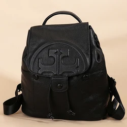 Mochila de Couro Genuíno para Homens e Mulheres, Mochila Escolar de Grande Capacidade Casual, Unisex Travel Bag, Mochila Preta, Moda, T514