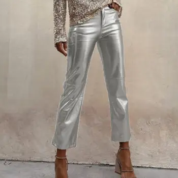 กางเกงหนัง PU โลหะขาตรงเอวกลางหนังสังเคราะห์มีซิประบายอากาศได้สำหรับผู้หญิงกางเกงเก้าส่วนคลับปาร์ตี้