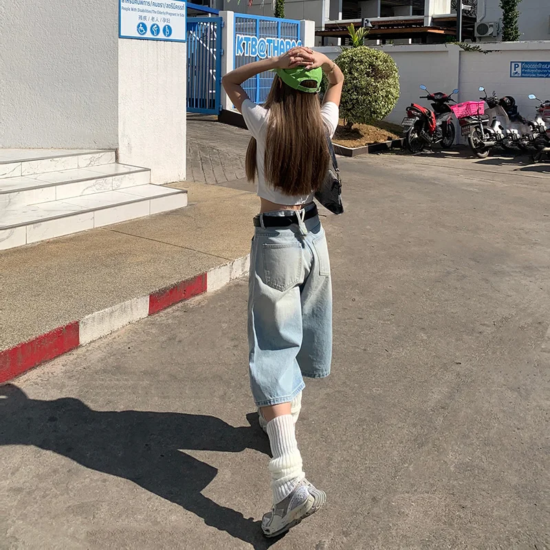 Y2K Style Wash Light Blue Denim Shorts Women Summer High Waisted Cropped Baggy Wide Leg Shorts Pants Woman Clothing