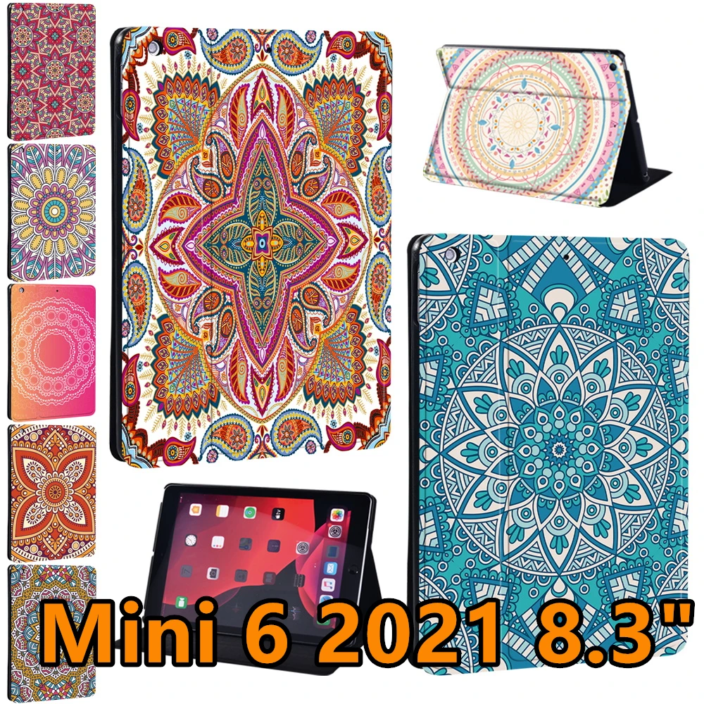 PU Leather Tablet Case for IPad Mini 6 8.3inch 2021 A2567/A2568/A2569 Anti-drop Mandala Pattern Protective Cover+Free Stylus