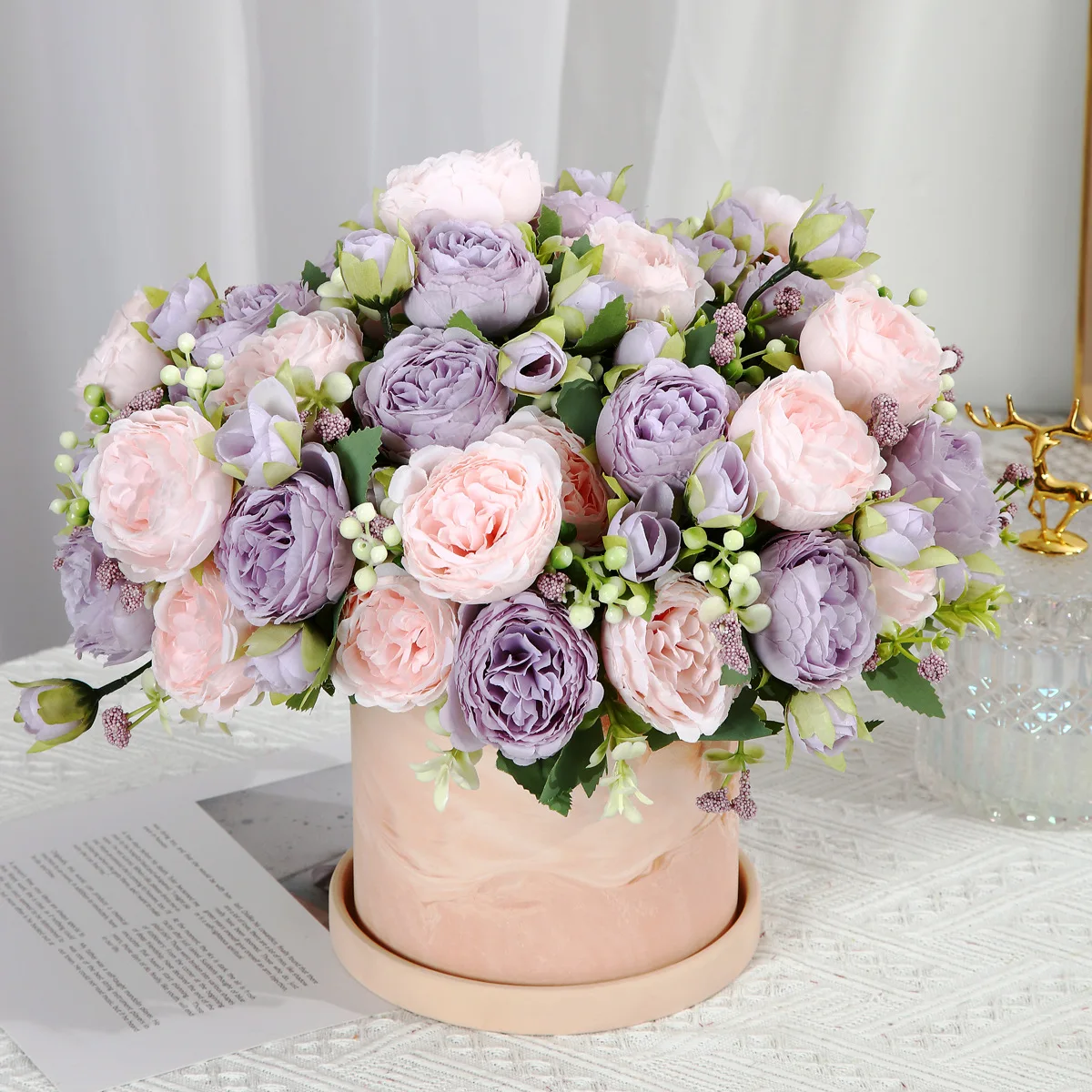 30cm Rose Pink Silk Bouquet Peony Artificial Flower 5 Big Head 4 Small Bud Bride Wedding Home Decoration Artificial Flower