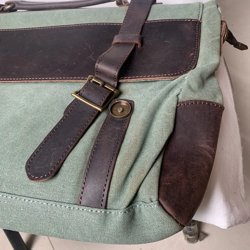 Bolsa masculina de lona com couro de vaca, bolsa mensageiro de ombro único, bolsa crossbody casual, pasta de negócios, bolsa de mão