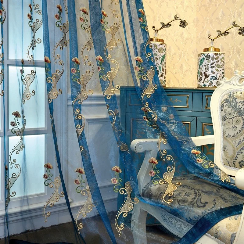 Korean Style Countryside High-end Embroidered Blue Transparent Gauze Curtains For Luxury living Room Bedroom Window Curtains