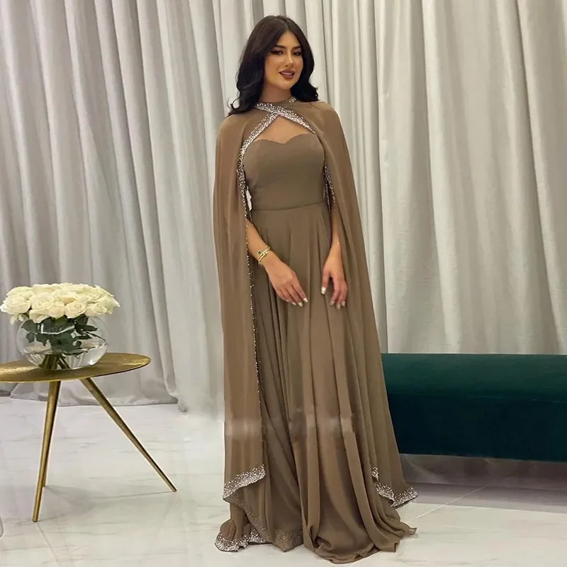 Dubai Brown Arabic Moroccan Kaftan with Cape Long Sleeve Crystal Formal Wedding Guest Evening Prom Dresses Summer 2023