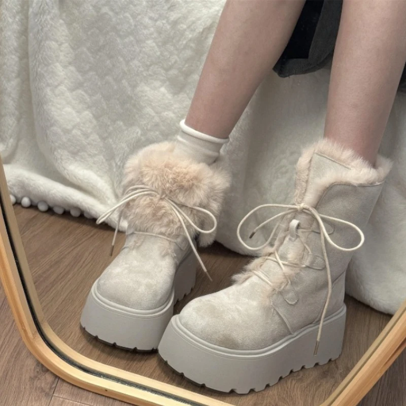 

Winter Chunky Thick Sole Women Fur Lining Snow Boots Concise Height Increase Shoes Ladies Comfort Keep Warm Cotton Short Booties