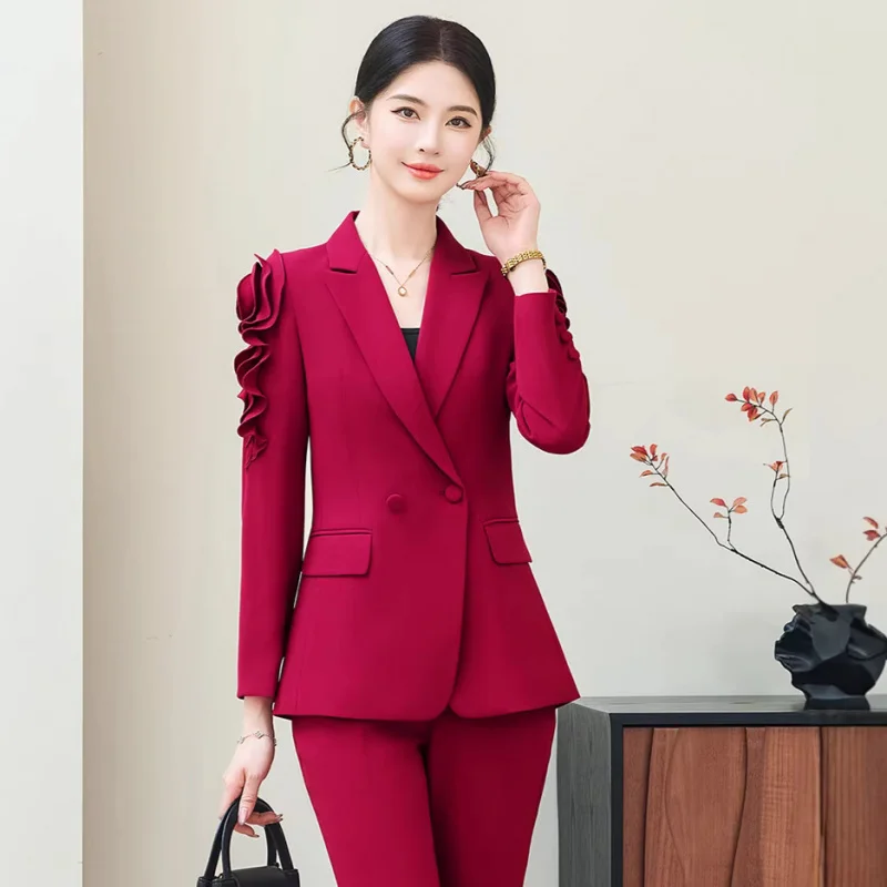 

New red long-sleeved professional women's suit with blazer collar and pants, cross-border foreign trade wholesale two-piece set,