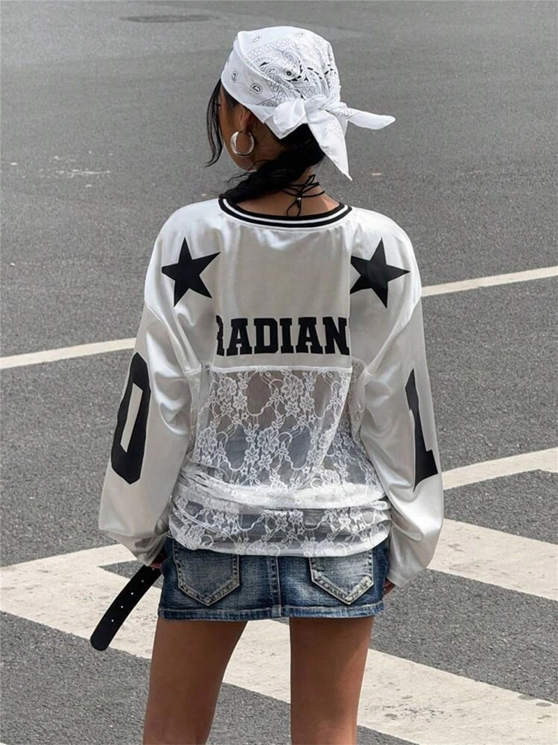 STYLISH LADY Hollow Out Lace Sweatshirts 2025 Summer Women Long Sleeve V Neck Casual Loose Letter Number Printed Street Tops