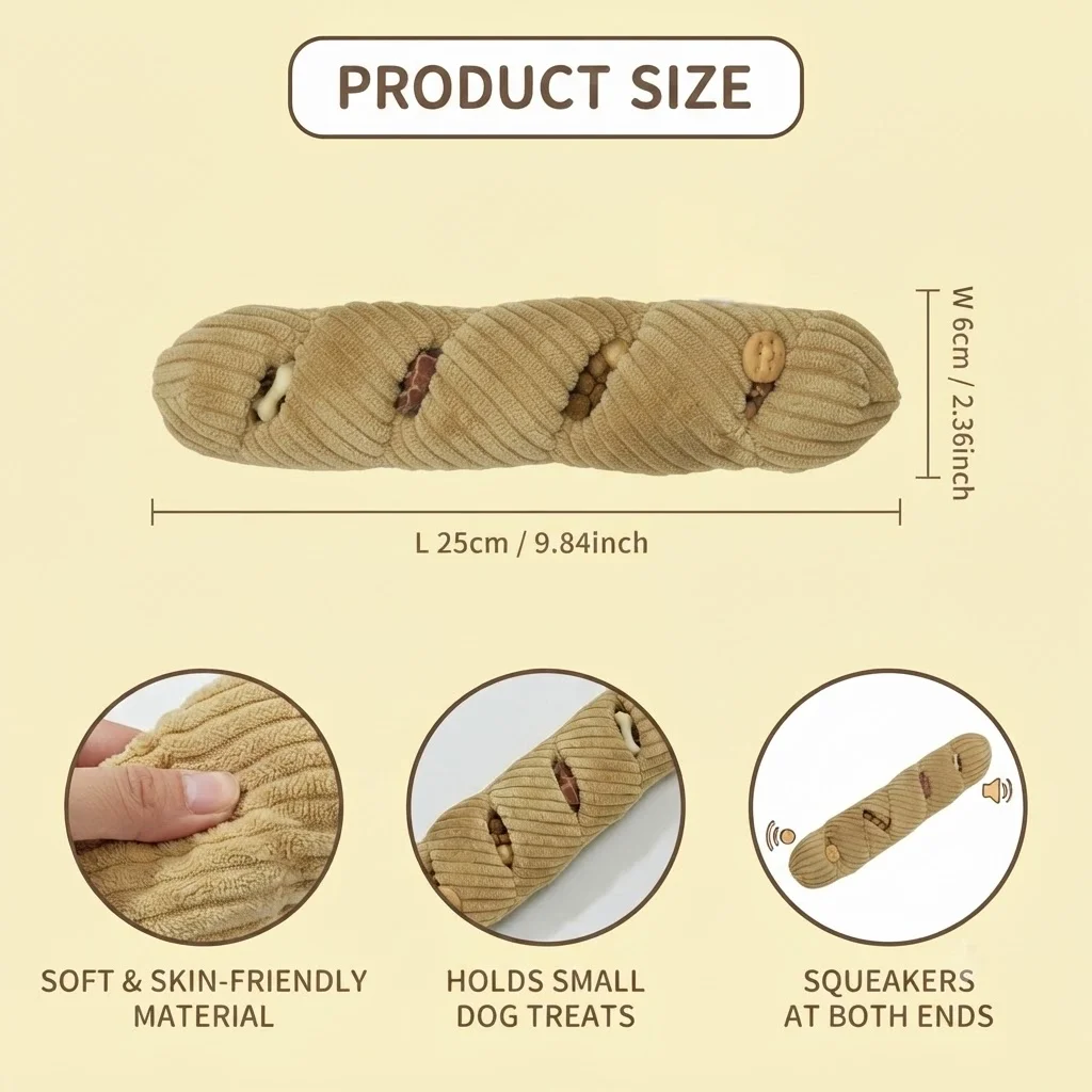 Baguette-förmiges Schnüffelspielzeug für Hunde, Quietschendes Plüsch-Puzzle, Leckerli-Spender, IQ-Förderung, Beschäftigung, Reduziert Langeweile für kleine und mittelgroße Hunde – Detail 5