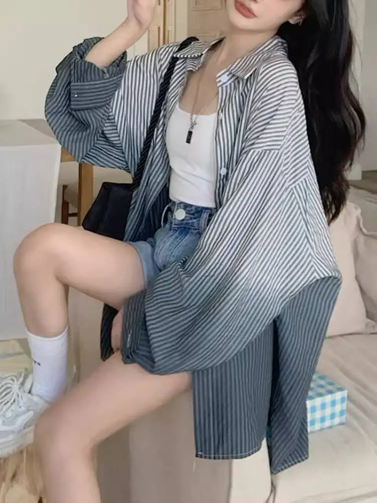 

2026 Spring Shirts Women's Gradient Color Block Striped Sun Protection Long Sleeve Shirt Loose Fashion Blouse