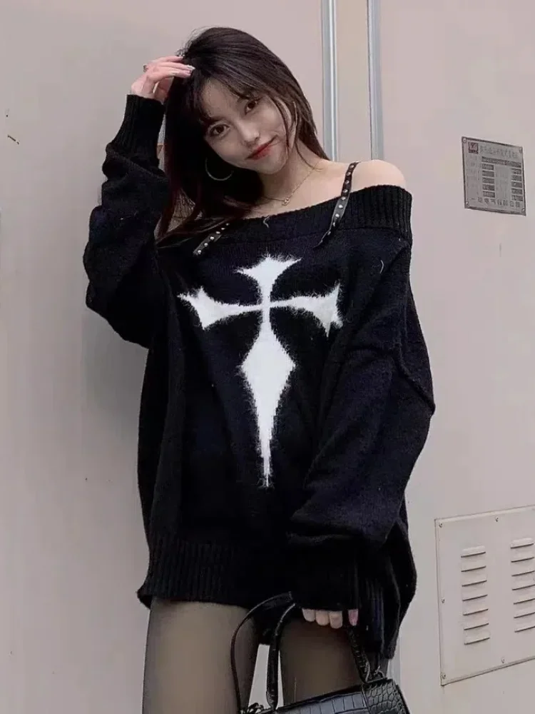 Gothic Harajuku Punk Sweater Women Pullovers Y2k Goth Dark Grunge Off Shoulder Knitted Tops Autumn Long Sleeve Jupmers Spring