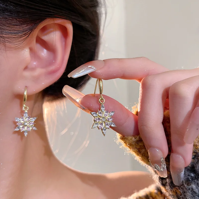 

Shiny Crystal Christmas Gold Plated Snowflake Zircon Pearl Earrings Hook For Women Dangle Hook Xmas Party Jewelry Gift