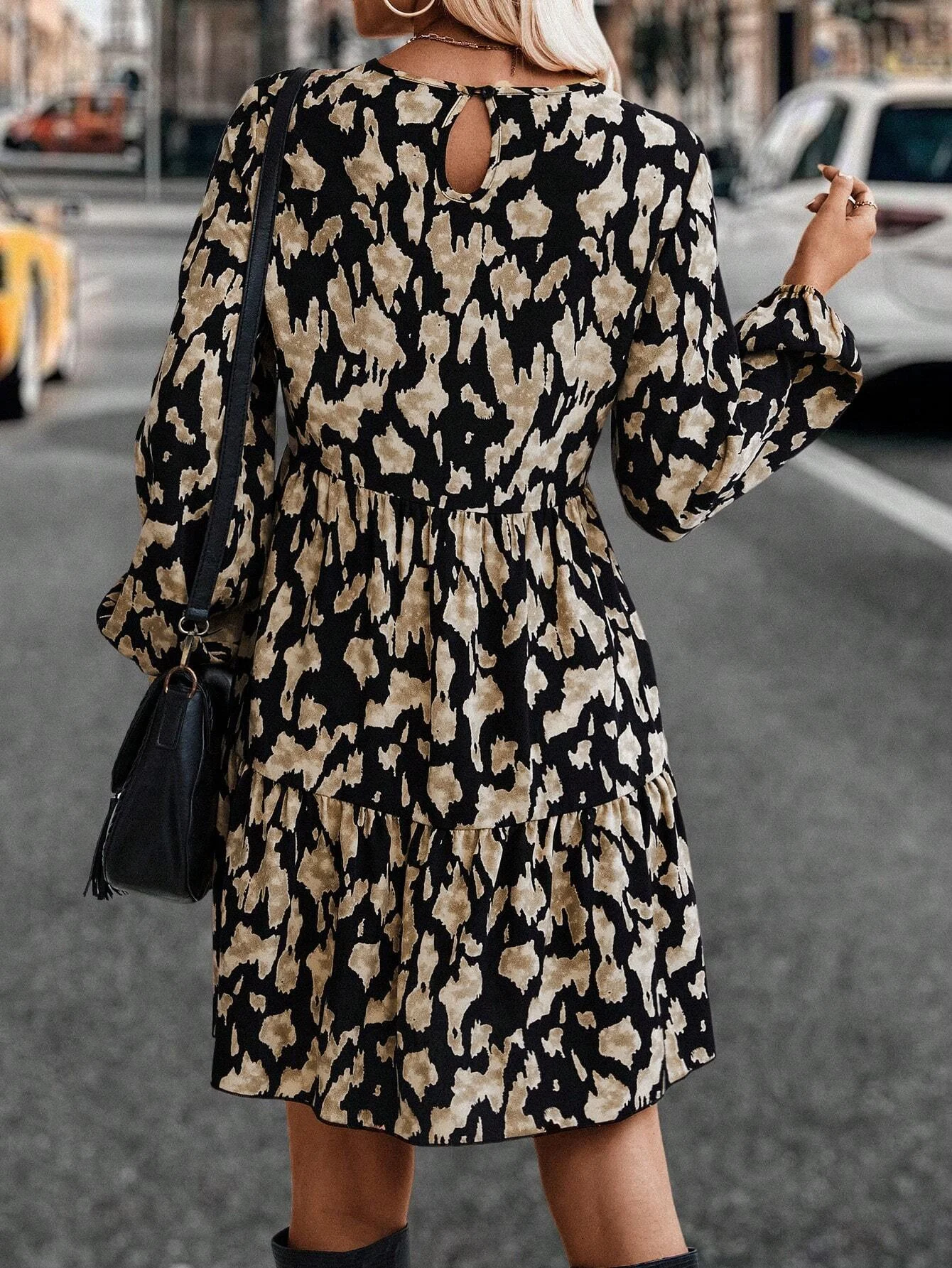 Women's Elegant Floral Print Round Neck Short Dress, Long Sleeve Zipper Design, Fitted Spring & Fall Fashion, Cut Out Style