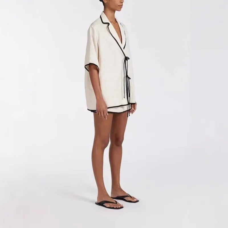 クラシックな夏のルーズベージュコットン2ピースセット レディース服 2025 カジュアル半袖シャツ ハイウエストミニスカートセット 女性用