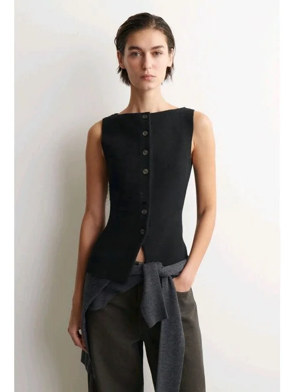 

Summer Women's Slim Fit round Neck Sleeveless Short Vest Button Decor Commuter Style Fashionable Outerwear Polyester Fabric