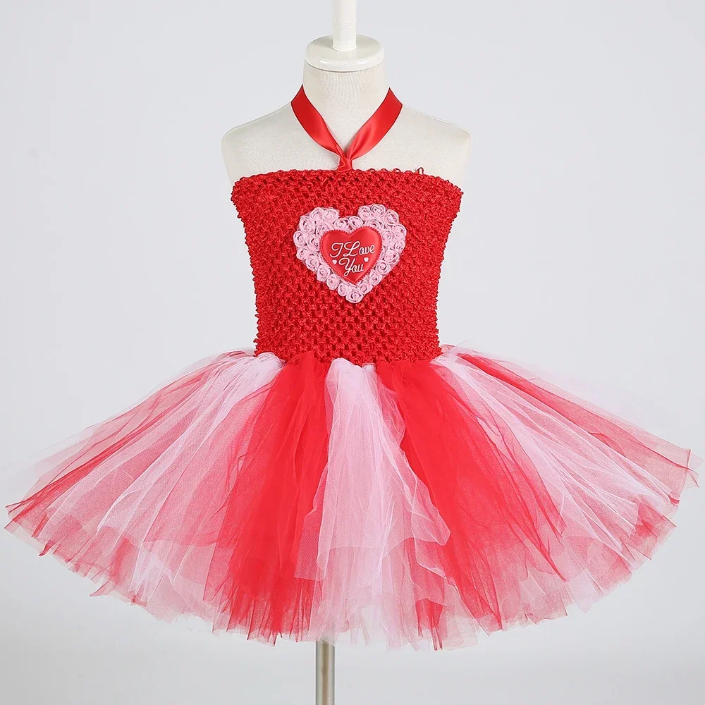 Valentines Day Tutu Dress Baby Girls Red Heart Rose Flower Tulle Princess Dress Toddler Kids Christmas Birthday Party Costume