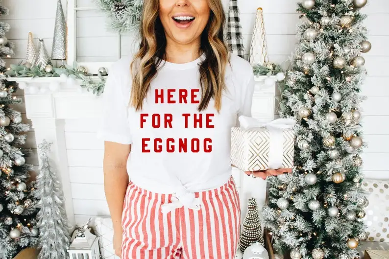 Here for the Eggnog Funny Christmas Women's Holiday Men's Graphic Short Sleeve Top Tees O Neck 100%cotton harajuku Drop Shipping