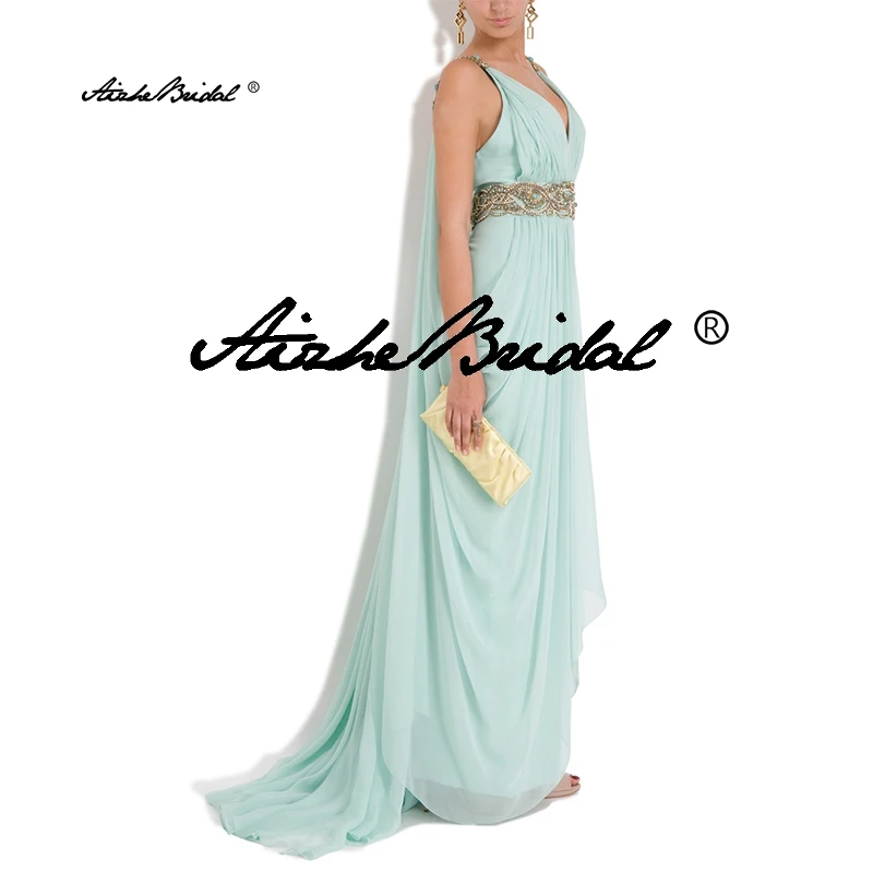 Vestidos de fiesta de gasa largos sin espalda con cuello en V Vestidos de noche con cuentas doradas, vestidos de noche formales