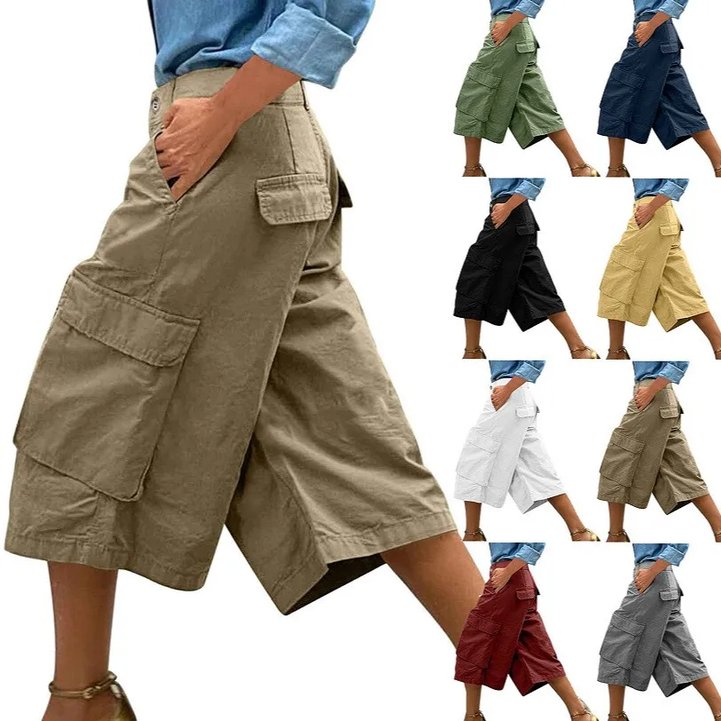 Cargo-Shorts für Damen mit Mehreren Taschen, Weites Bein, Capri-Hose, Mittlere Taillenhöhe, Locker Sitzend, Gewebte Sommer-Freizeithose, Outdoor Bermuda 3/4 Länge