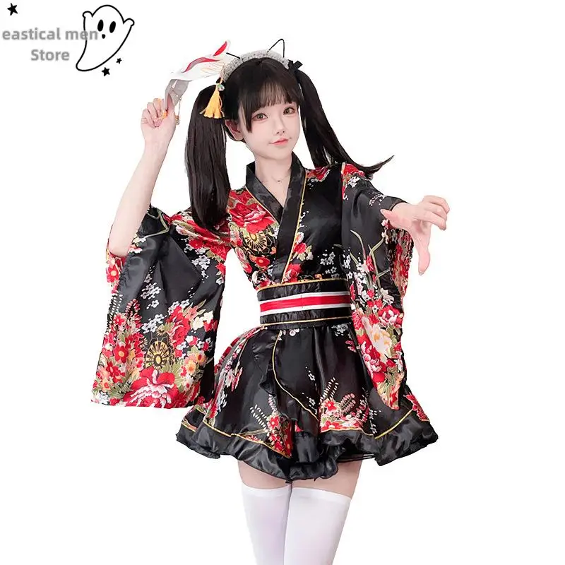 Japanese Kimono Yukata Robes Floral Printed Haori Suit Sexy Sweet Geisha Kawaii Girl Cosplay Costume Japanese Improved Kimono