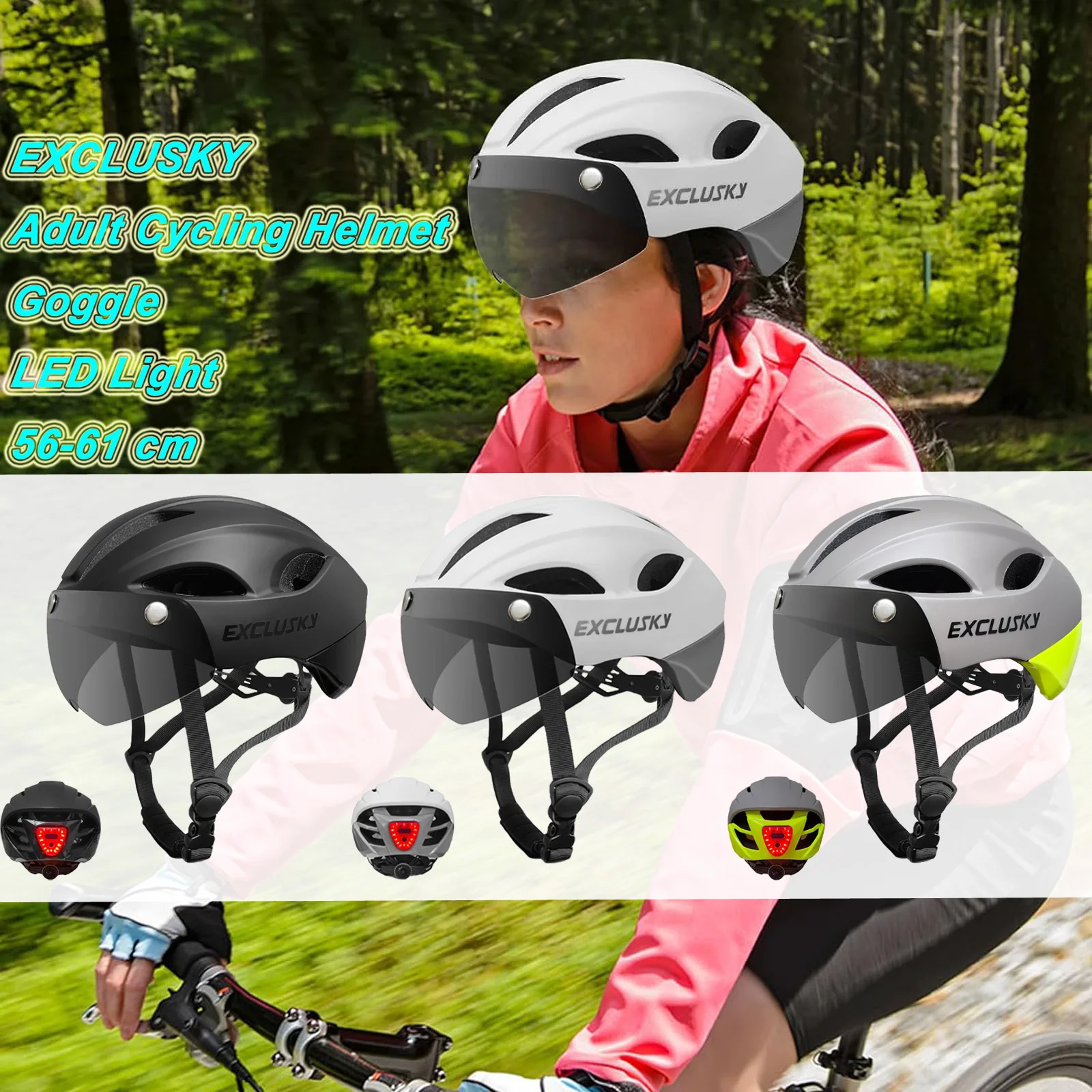 EXCLUSKY Adult Cycling Helmet With LED Light Removable Goggle Road Mountain Bike Helmet Ultralight Men Women Cycling Helmets