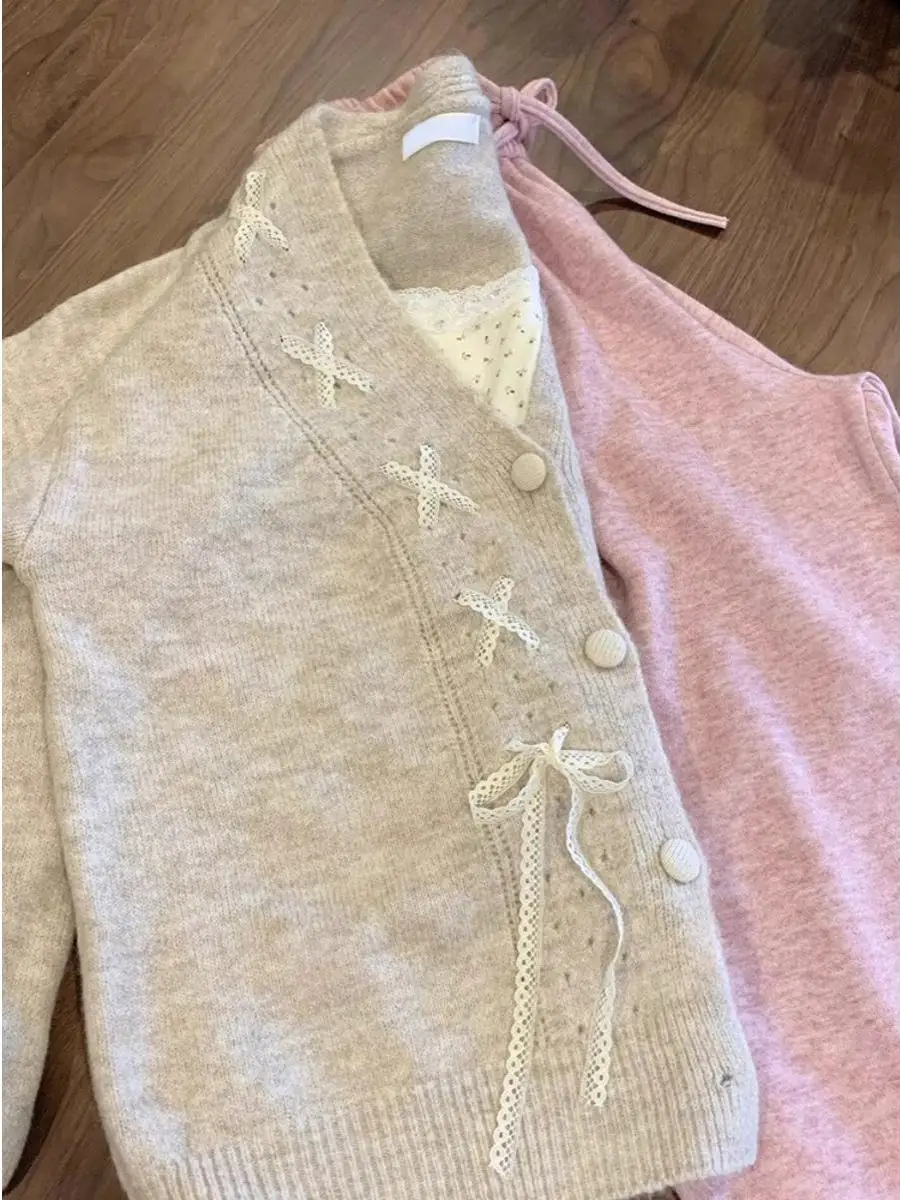 Cardigan aperto con corda con nodo in pizzo Maglione lavorato a maglia V-Ne allentato da donna Jaet Sweet Lazy Sle Nuovo autunno 2025 Faion