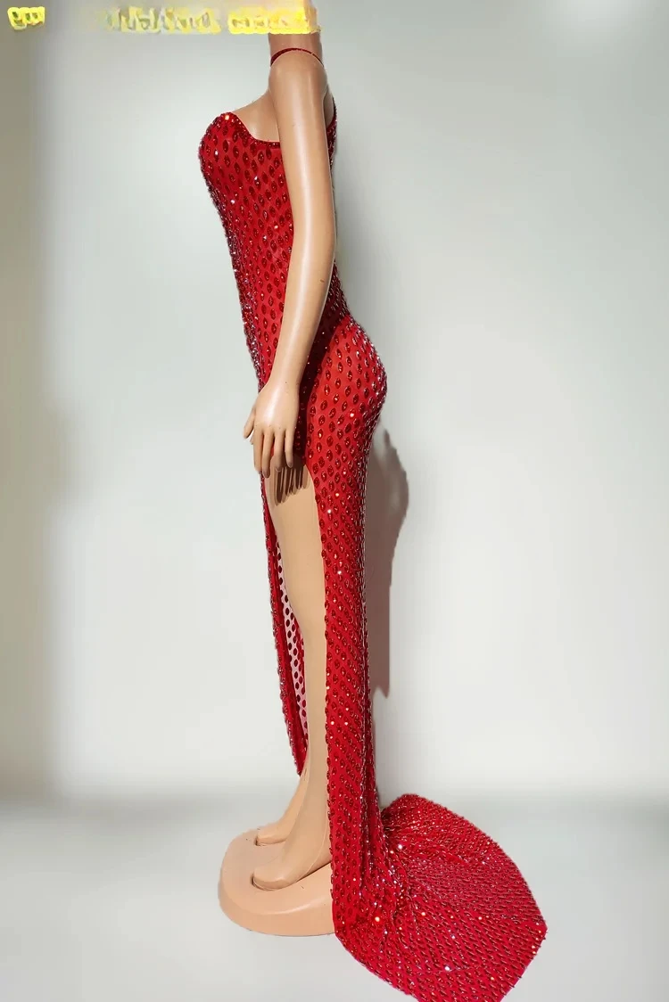 Nightclub Bar Performance Costume Low Cut Tight Fitting Sexy Deep V Full Diamond Side Slit Floor Length Skirt