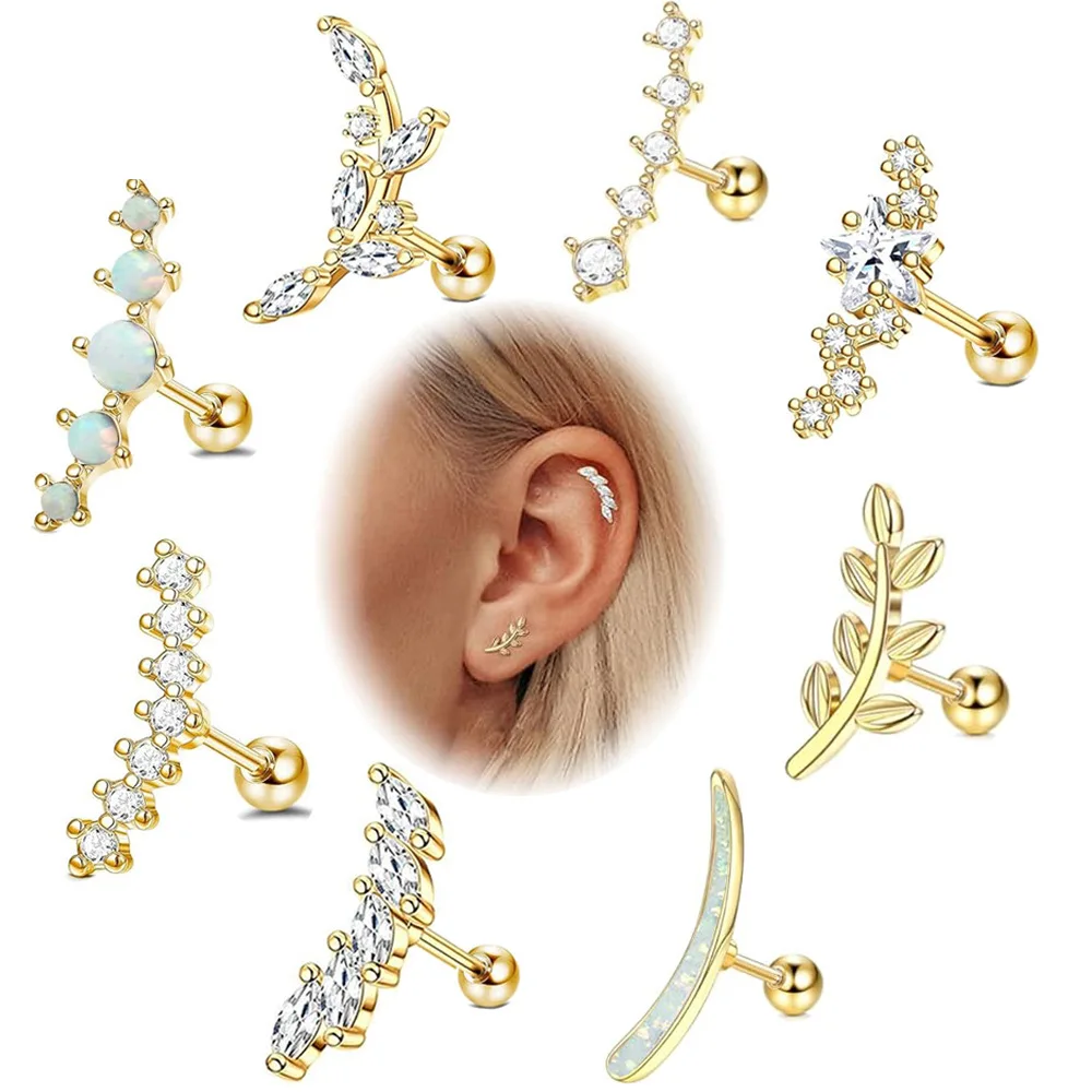 1-8pcs Stainless Steel Tiny Stud Earrings Set for Women Men Star flower Leaf Opal Cartilage Earrings Piercing Jewelry