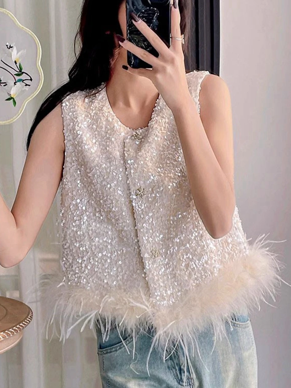 Spring Summer 2026 New Chinese Style National Trend Sequin Quality Fur round Neck Sleeveless Vest Tank Top Outerwear