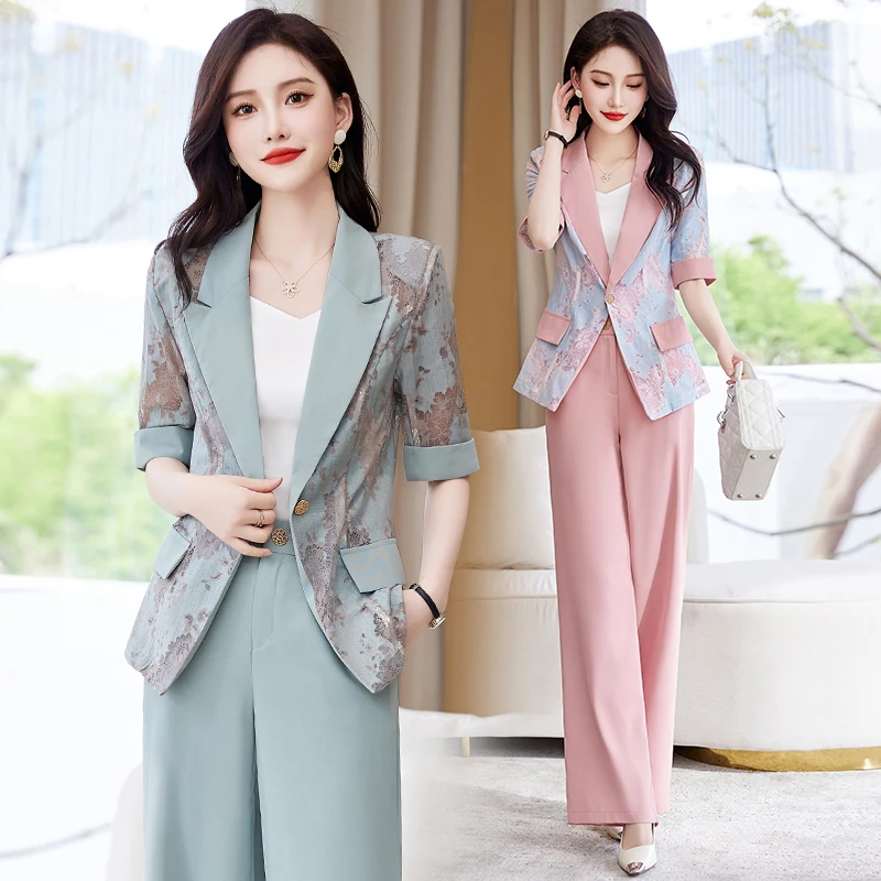 

Top Fashion Women's Slim Lace Patchwork Blazer Sets 2023 Summer 2 Pieces One Button Suits Ladies Blazer Coat +Wide Legs Trousers