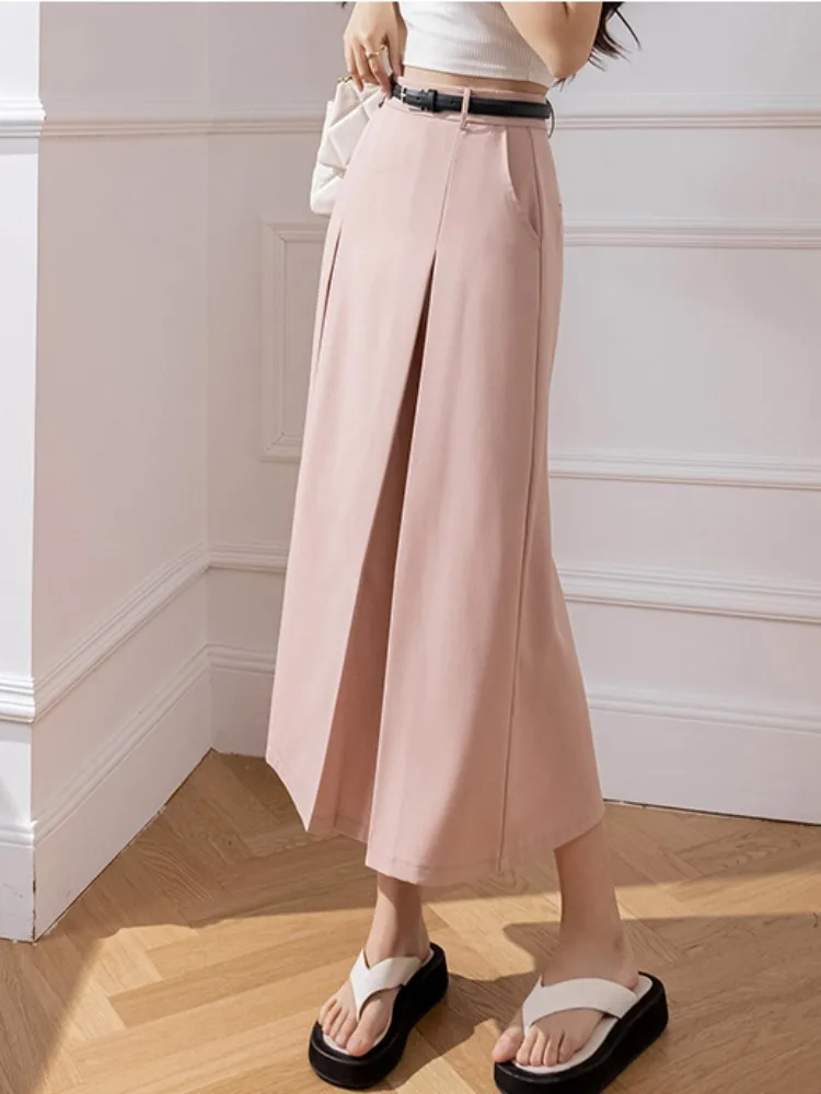 High Waist Workwear Women's Pleated Skirts with Belted 2023 New Spring Summer Korean Style Office A-Line Mi-long Skirts Female