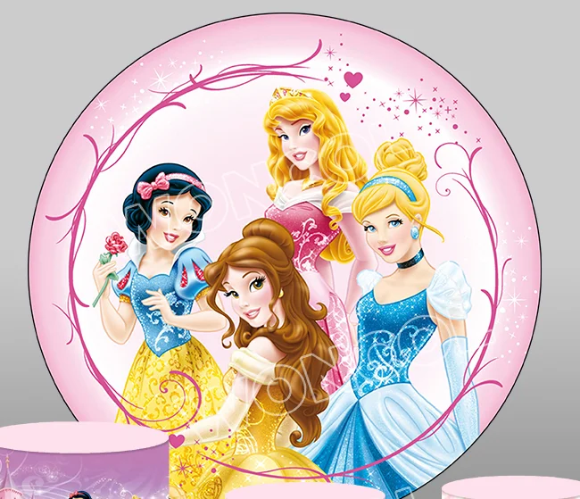 Disney Princess Circle Backdrop Girl Birthday Party Backdrop Princess Cinderella Snow White Aurora Belle Cylinder Cover Decor