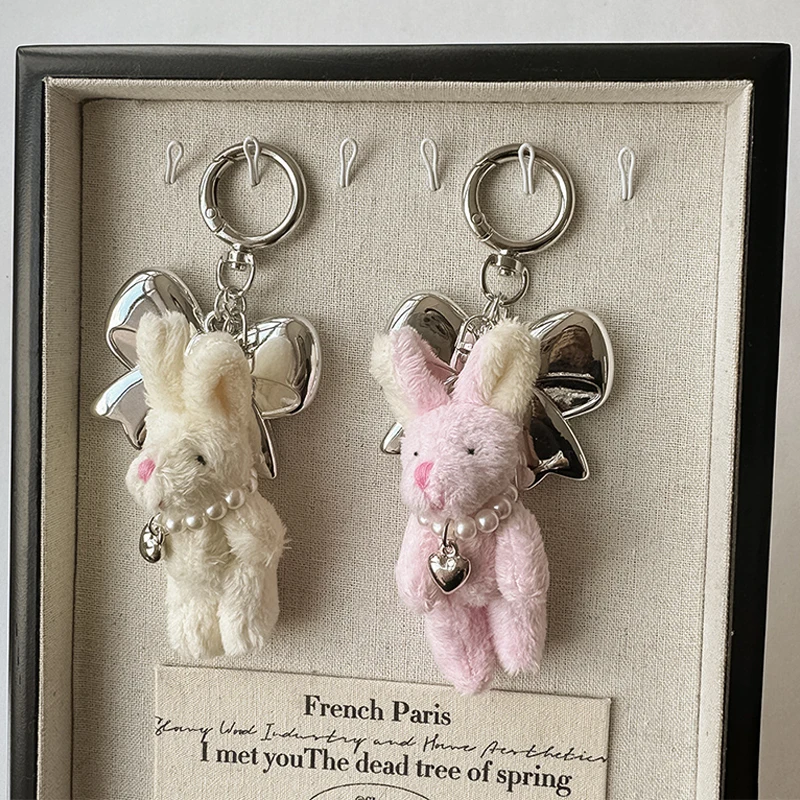 Ins Style Pearl Bear Key Chain Plush Bunny Bowknot Phone Pendant Headphone Case Charm Bag Decor Car Key Ring