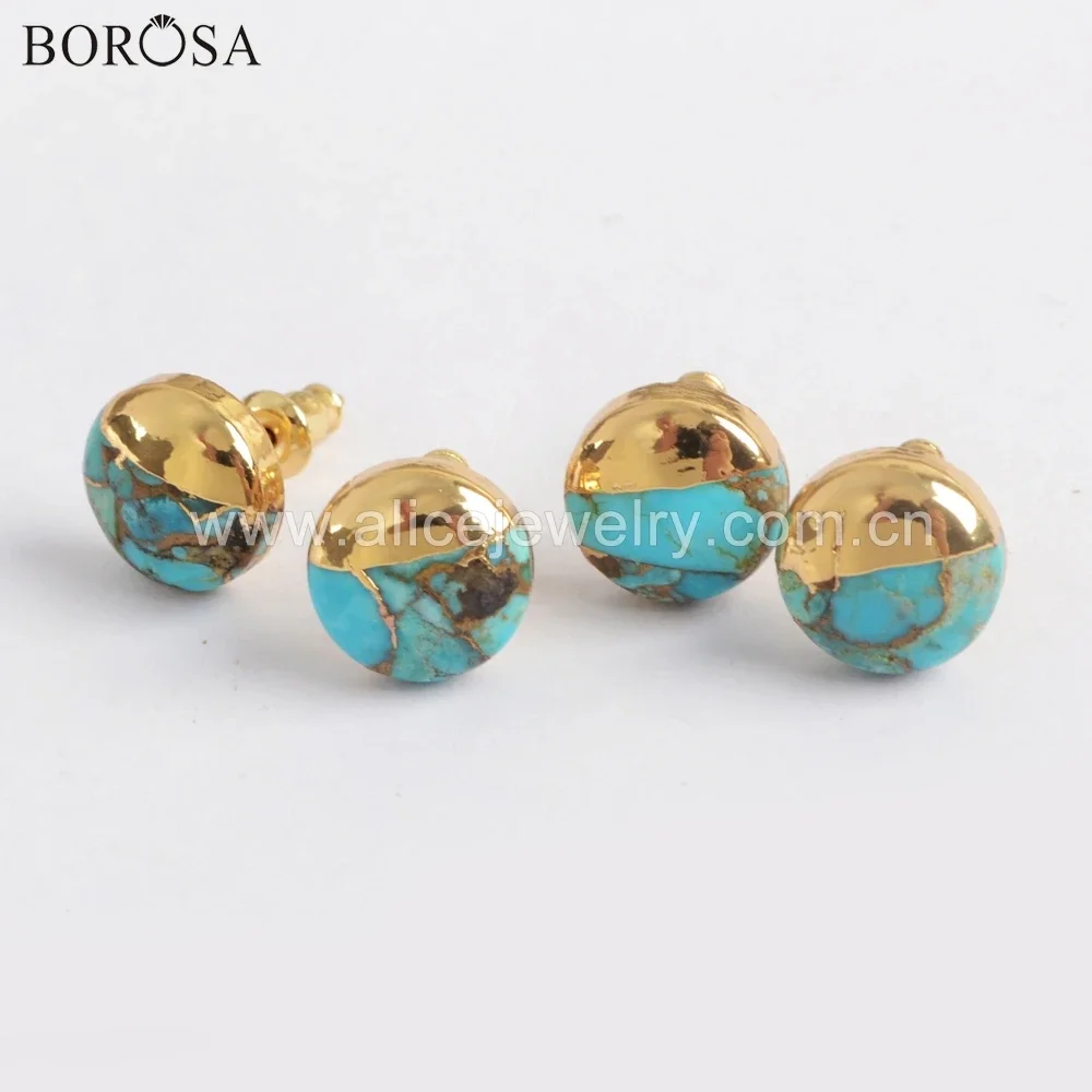 BOROSA Boho Turquoises Studs Earring Golden Plated Square Natural Turquoises Earrings Handmade for Lady Valentine’s Day Gifts