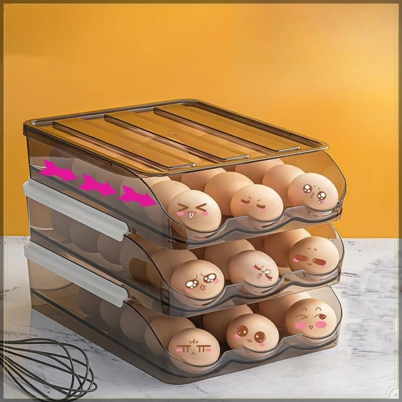 Rolling Egg Storage Box PET Stackable Large Capacity Transparent Visible Household Kitchen Refrigerator Egg Holder Organizer