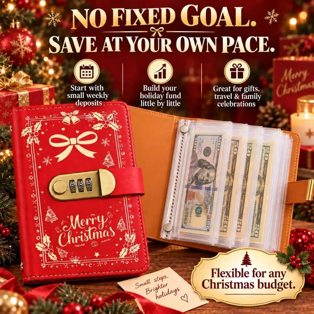 Lockable Christmas Savings Challenge Binder Money Saving Book Clear Cash Pockets for Gifts Travel Family Christmas Fund Plans