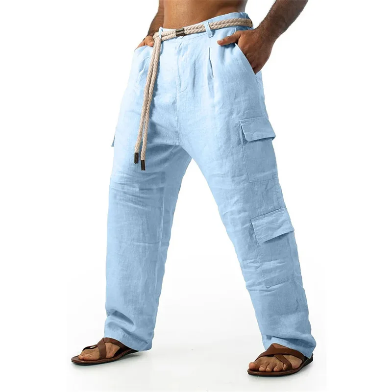 

Men's Outdoor Sports Pants Mens casual Solid Color Loose Breathable Linen Trousers Men Fashion Multi Pockets running Cargo Pants