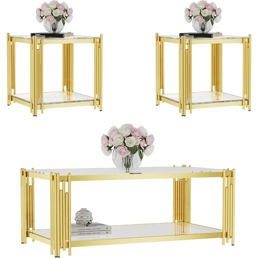 Zestaw 3 złotych szklanych stolików kawowych, stolik pomocniczy, nowoczesny zestaw stolików do salonu, prostokątny, przezroczysty, ze szkła hartowanego, luksusowy, ze stali nierdzewnej.