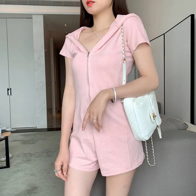 Women's 2024 New Summer Clothes Tall Fashion Jumpsuit Suit Slim Wide Leg Bodysuit Zipper One Piece Outfit Biker Shorts For Women