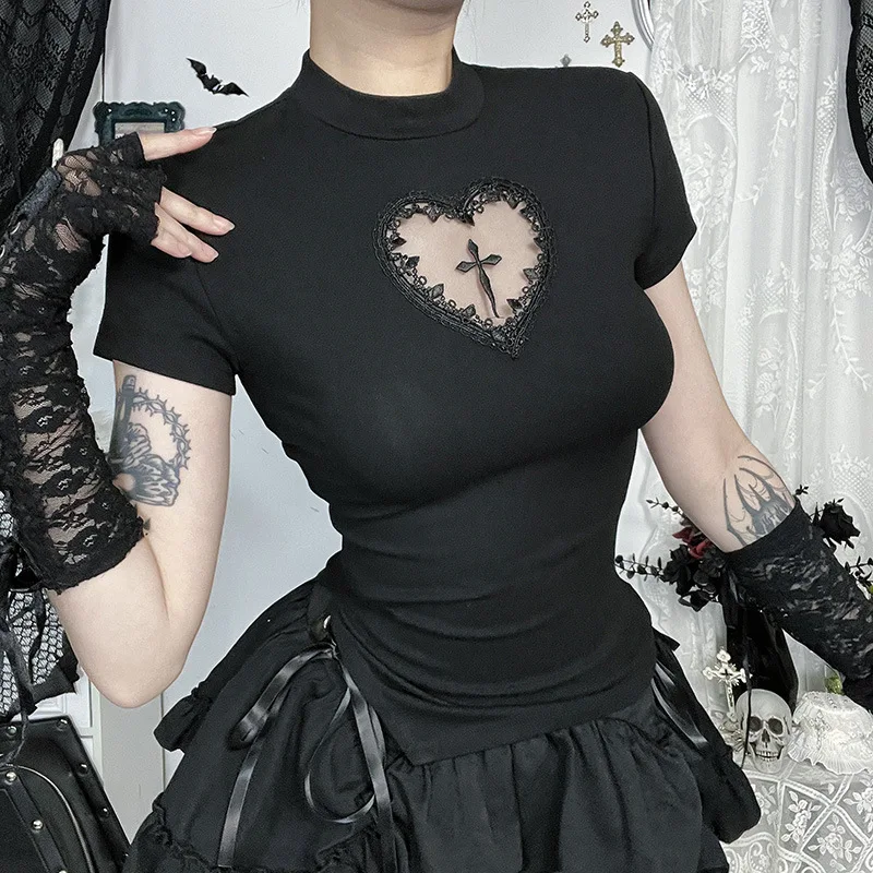 

Spicy girl Gothic style cross hollow waist slimming short T-shirt for women