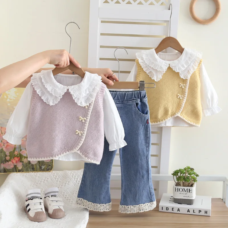 

Bow Lace Sweater Three Piece Set Sweaters Tops Pants Warm 2025 Autumn Spring New Girl Kids Baby Children Clothing Trendy Clothes