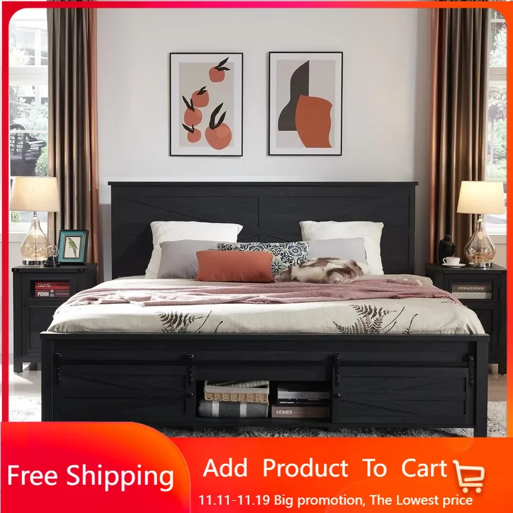 Farmhouse Wood Bed Frame King Size with Sliding Barn Door Storage Cabinets and Headboard, Solid Wood Slats Support