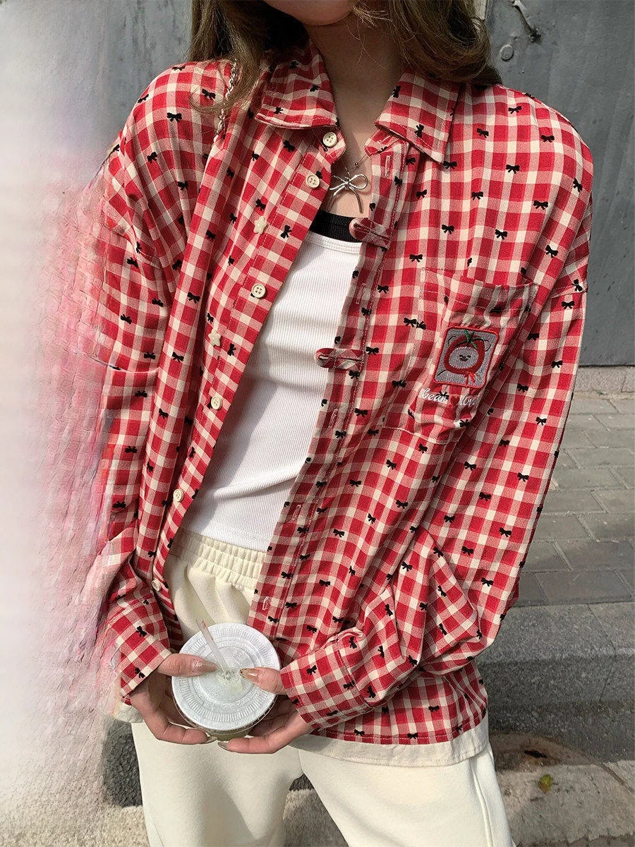 

COK Women's Velvet irt Spring Summer Plaid Collar Long Sve Loose Fit Breathable Skin-friendly Outerwear