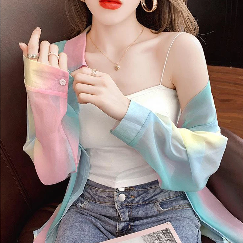 Summer Colorful Shiny Sunscreen Clothing Chiffon Shirt Patchwork Casual Tops Popular Blouse Thin Jacket Trend Loose Street Party