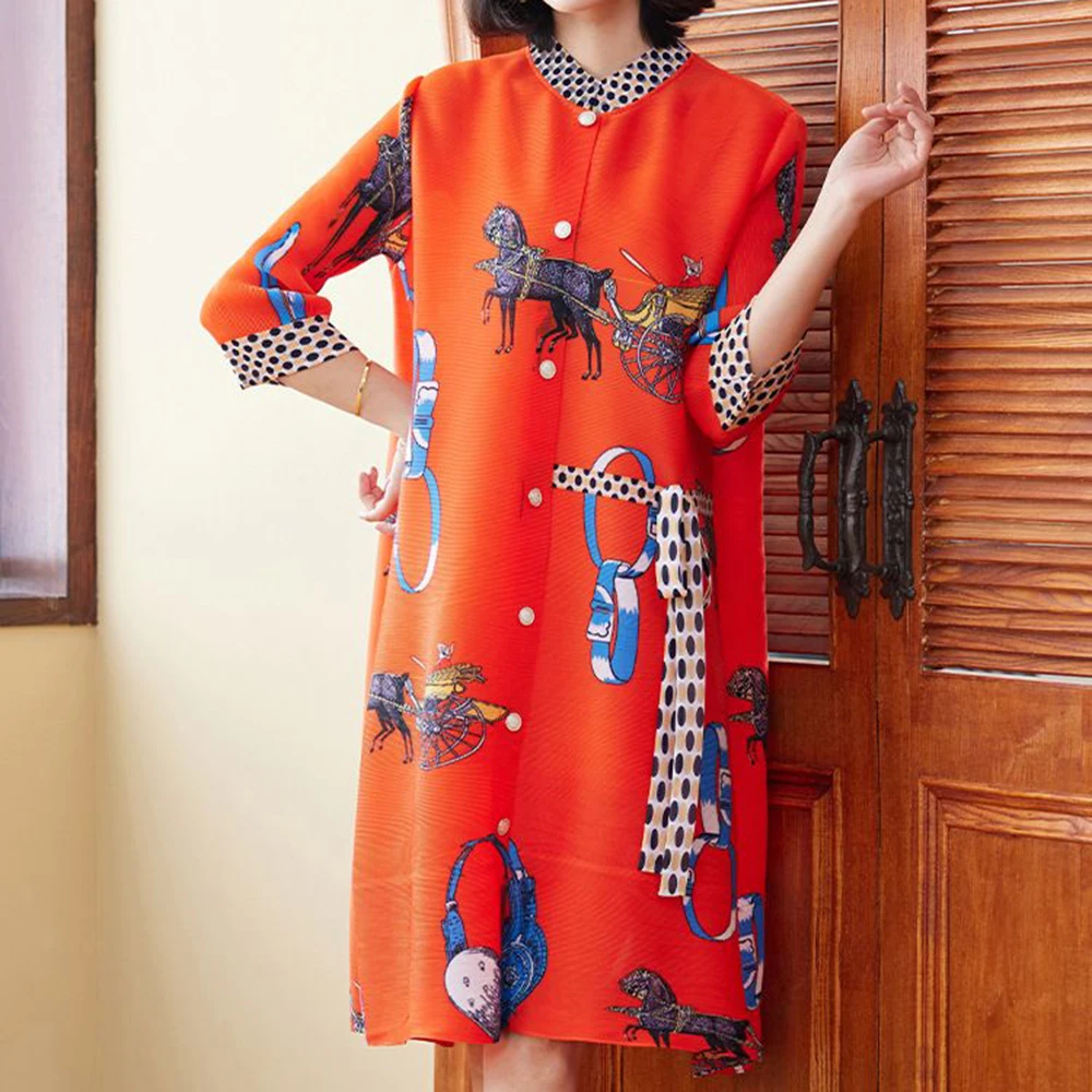 

Fashion foreign style large size printing middle-aged mother spring wear 2025 new women's clothing pleated red dress