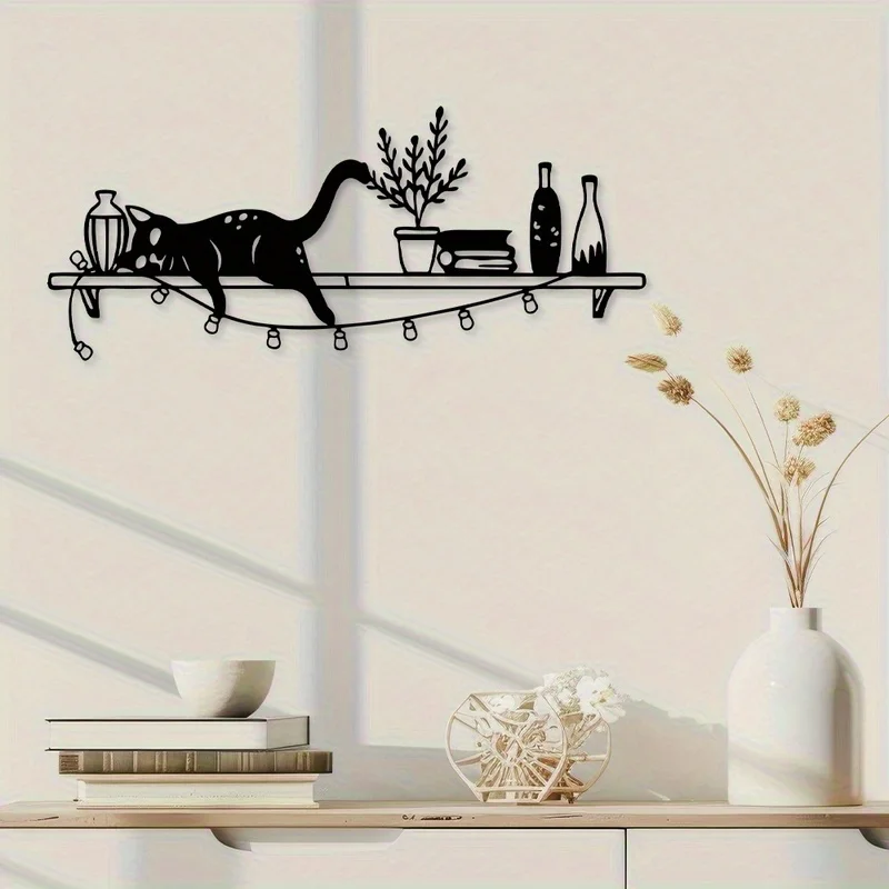A Christmas Cat with a Vase Metal Wall Decor, Abstract Wall Art Sculpture, Unique Line Art Dorm Wall Decoration, Vintage Plant Outdoor Holiday Gift, Feather-Free, No Power Required, Wall-Mounted, Made of Metal