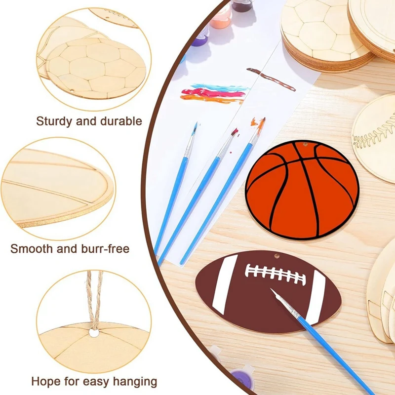 84PCS Wooden Hanging Ornament Kit Volleyball Basketball Baseball Tennis Soccer Shape Unfinished Blank Wood Chip Decorative Set