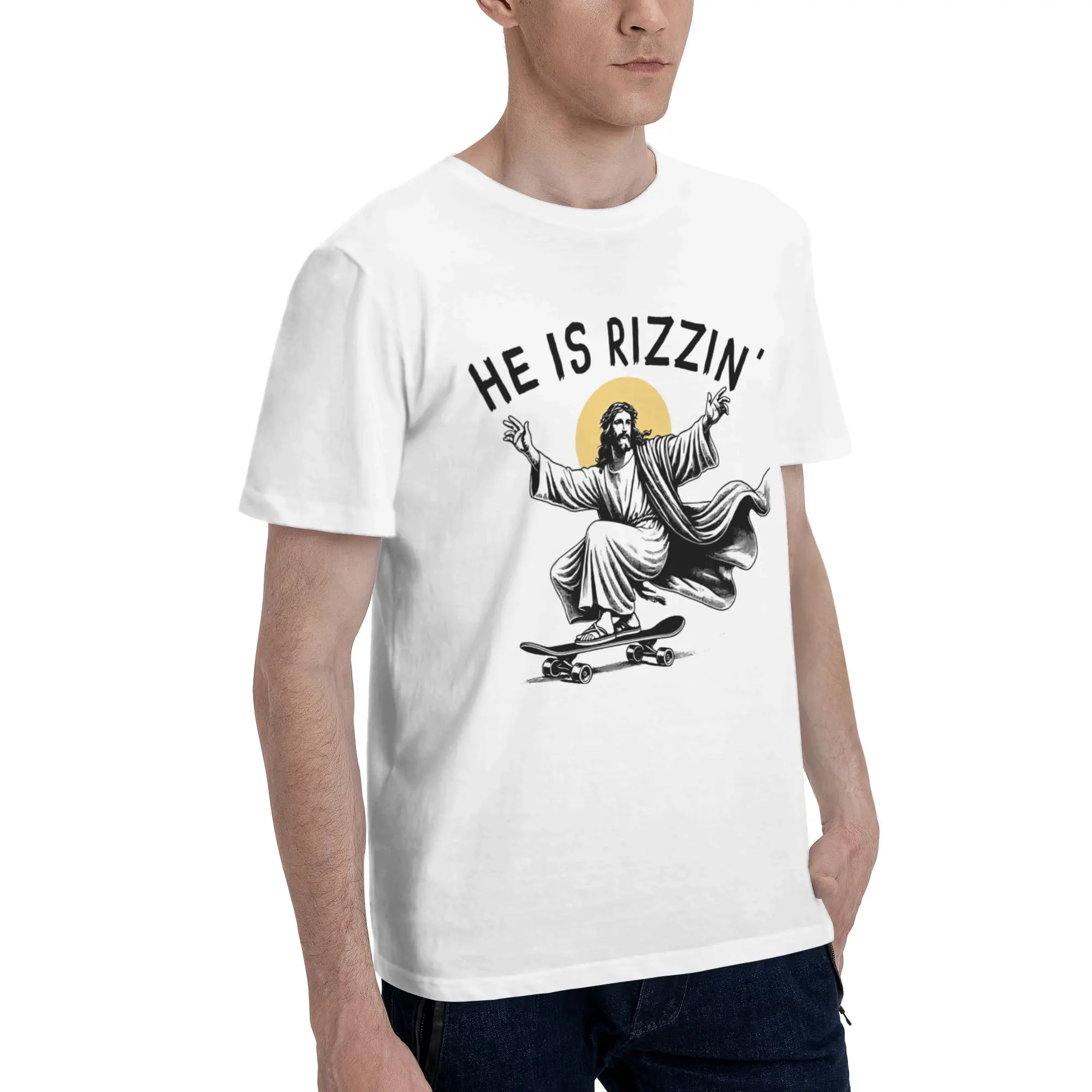 He Is Rizzin Funny Jesus  Men T Shirts Skateboard Fashion Tee Shirt Short Sleeve O Neck Pure Cotton Summer Clothes T-Shirt