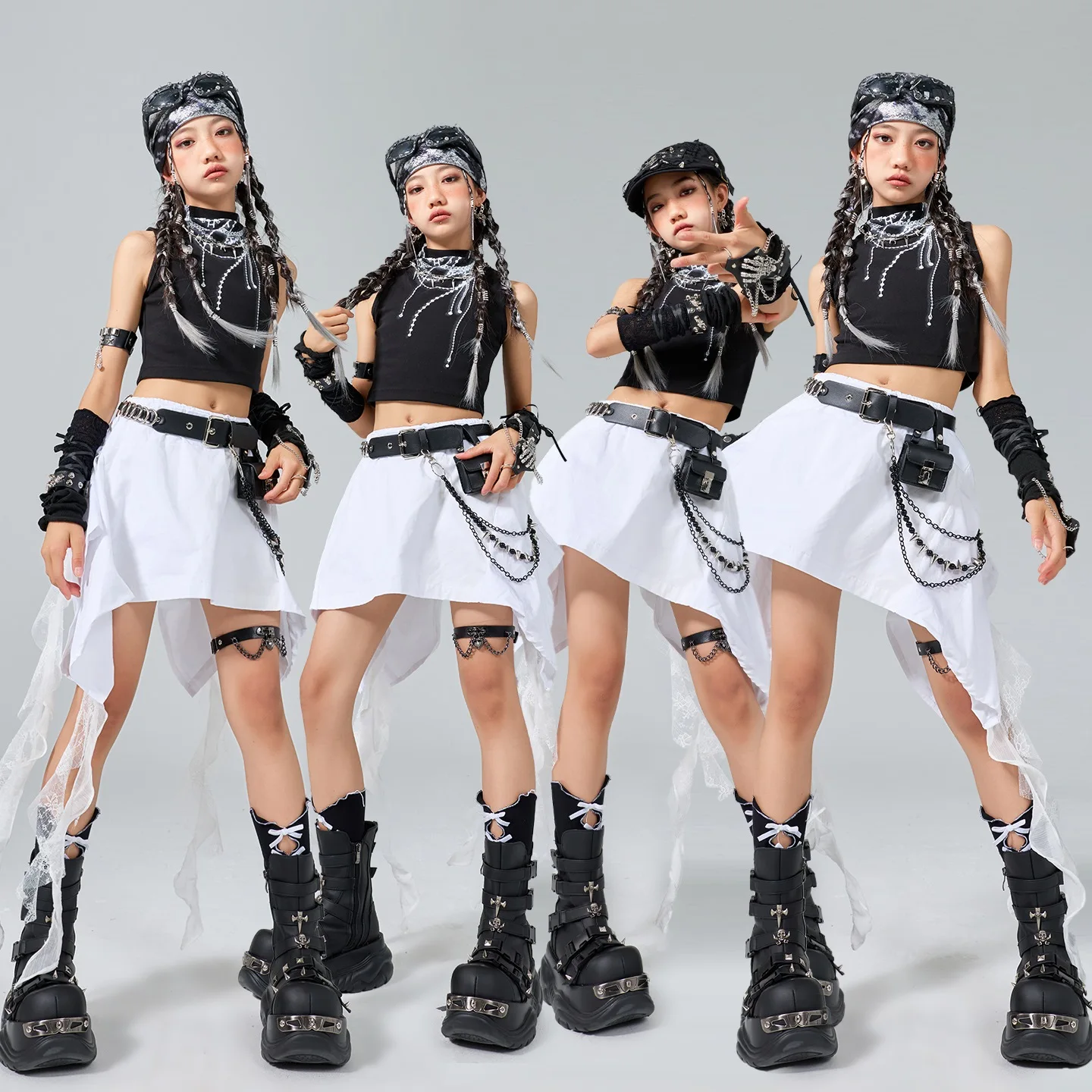 Ropa de baile de porristas para niñas, trajes de baile de Jazz a la moda para niños, Tops negros, falda blanca, ropa de calle sin mangas, traje de verano BL16736