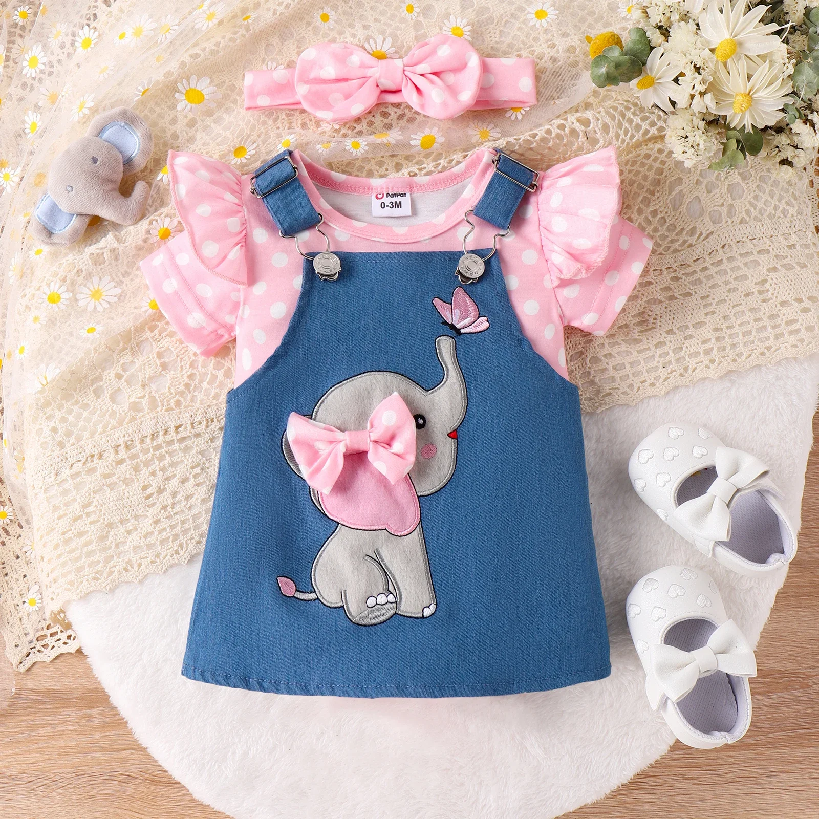 PatPat 3pcs Baby Girl Polka Dot Pattern Romper and Denim Overall Dress with Headband Suitable for Summer Season