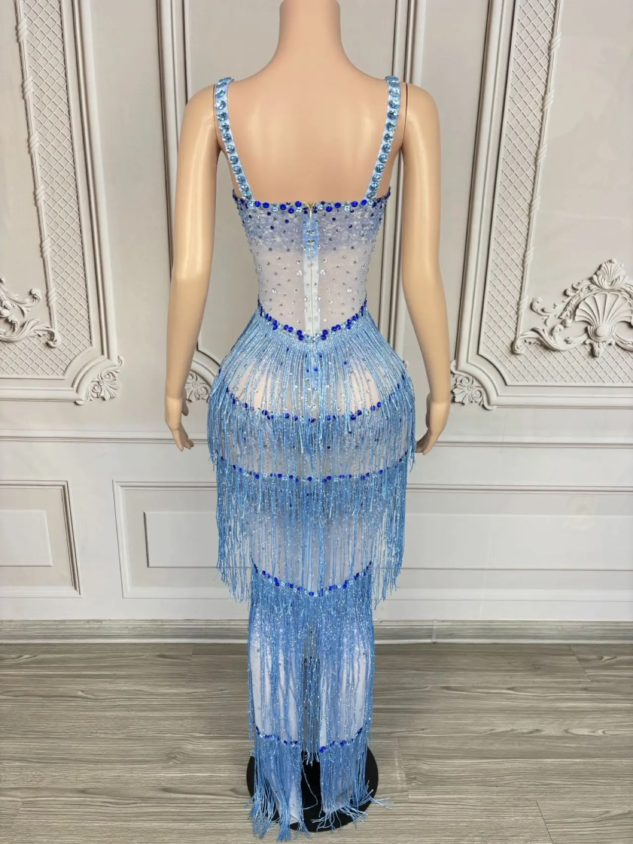 Brilhante strass borla deslizamento vestido longo sexy feminino celebrar baile de formatura pura malha vestido de noite aniversário sessão de fotos usar lantian